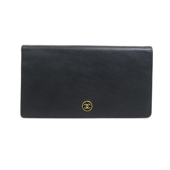 CHANEL Bi-fold Wallet Coco Button Leather Black Women's - Picture 1 of 5